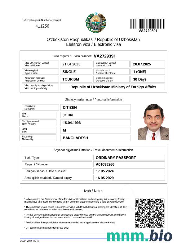 Uzbekistan elektroniczny szablon wizowy Wersja 2